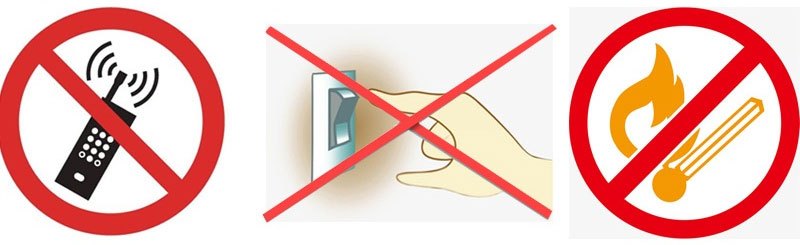 Không được bật, tắt các thiết bị điện như đèn, quạt máy, không sử dụng điện thoại