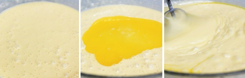 Khi hỗn hợp quyện đều thì cho thêm bơ đã đun chảy vào, đánh đều thành hỗn hợp đồng nhất. 