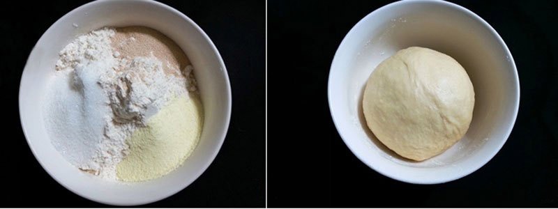 Trộn đều hỗn hộp gồm có bột mì, men nở, đường, muối, sữa bột trong 1 cái tô. Cho thêm trứng, sữa tươi vào tô rồi bắt đầu nhồi bột cho đến khi thành 1 khối thì cho tiếp bơ vào nhồi đến khi khối bột mềm, mịn, dẻo. Sau đó bọc kín tô có khối bột và ủ cho bột nở gấp đôi.