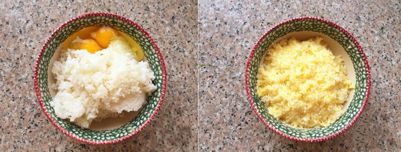 Bước 1: Cơm cho vào tô, đập trứng vào trộn đều.