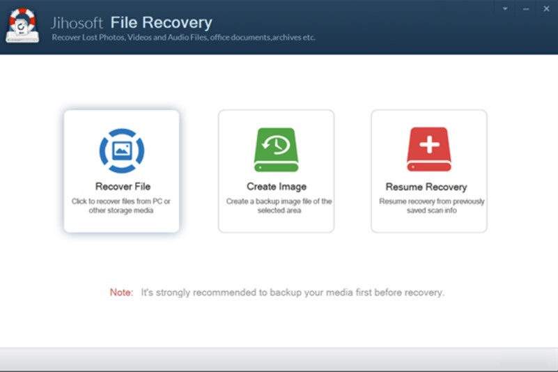 Bước 1: Khởi chạy phần mềm. Giao diện chính sẽ được mở ra với chức năng khôi phục dữ liệu là Recover File. Bên cạnh đó, chúng ta còn có 2 chức năng khác là Create Image (tạo image sao lưu) và Resume Recovery (phục hồi các file khôi phục đã lưu trước đó).