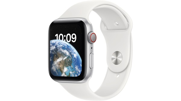 Apple Watch SE LTE 44mm viền nhôm Bạc dây silicone Trắng MNQ23VN/A nghiêng trái
